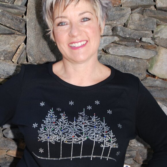 Christmas Winter Scene RN rhinestone long sleeved shirt XS S M L XL XXL 1X2X… - Picture 3 of 8